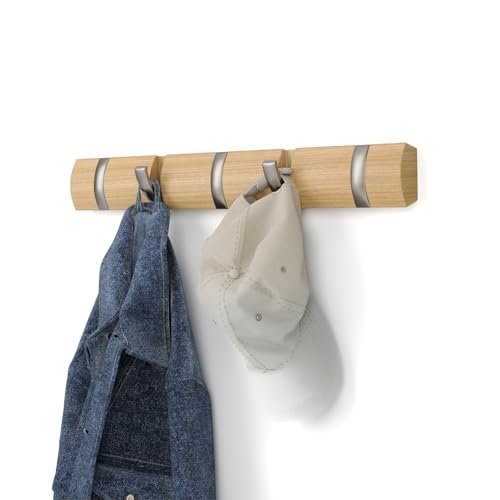 Umbra Flip Perchero de pared con 5 ganchos extraíbles, Madera de fresno, Natural