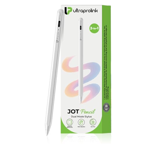 Image of ULTRAPROLINK Jot Pencil|Stylus Pen For Ipad,Android Tablets&Mobiles|Palm Rejection For Ipad|Magnetic|10Hr Use|Fast Charging|12-Month Warranty|For Ios & Android Touchscreens|Led Indicator|3 Nibs,White