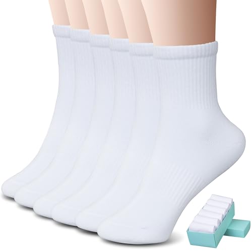 Image of SISOSOCK Quarter Crew Cotton Socks for Women Striped Athletic Casual Breathable Socks 6 Pairs with Gifts Box