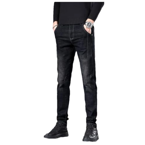 Men's Washed Elastic Slim-Fit Jeans Straight Youth Little Feet Denim Trousers Embroidery Clothing Pants