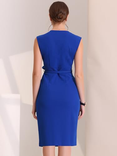 Image of Allegra K Business Dress for Women's Pencil Sheath Work Dress | V Neck Knee-Length Sleeveless Dress With Belted