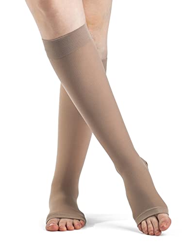 Sigvaris DYNAVEN Women's Compression Calf-High Socks 20-30mmHg - Open Toe Design for Daily Comfort & Support - Medium Long - Light Beige