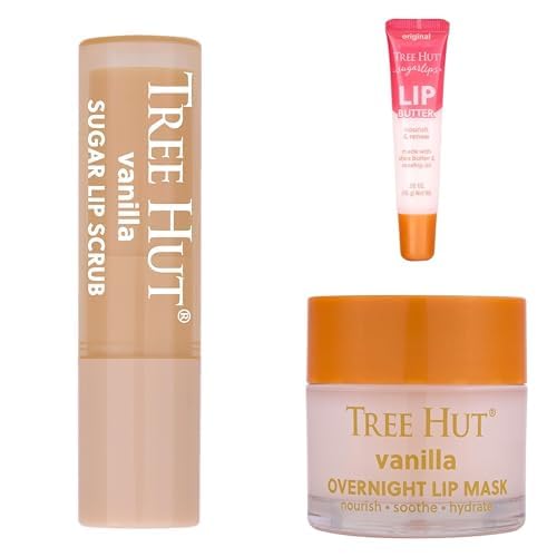 Tree Hut Lip Care Bundle, Vanilla Lip Scrub Stick, Sugarlips Lip Butter, and Vanilla Overnight Lip Mask, Exfoliate, Nourish & Hydrate for Soft, Supple Lips, Non-Sticky, Sulfate-Free & Paraben-Free