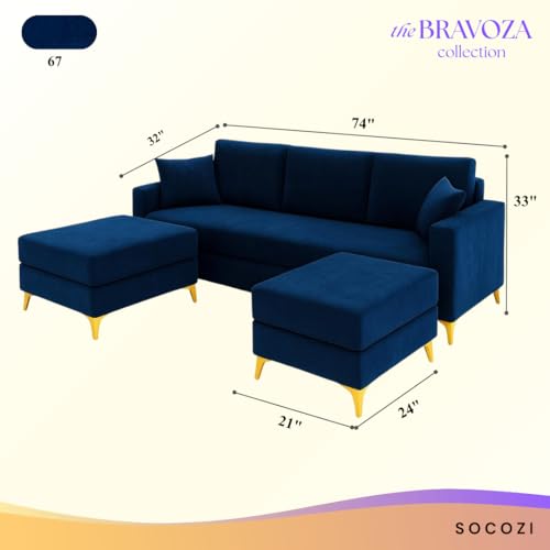 Image of SOCOZI Bravelle 5 Seater L Shape Sofa Set with 2 Movable Ottomans | Flexible Layout| Soft Velvet Suede Fabric|Modern Sofa | Plush Comfort Cushions for Living Room (Dark Blue)