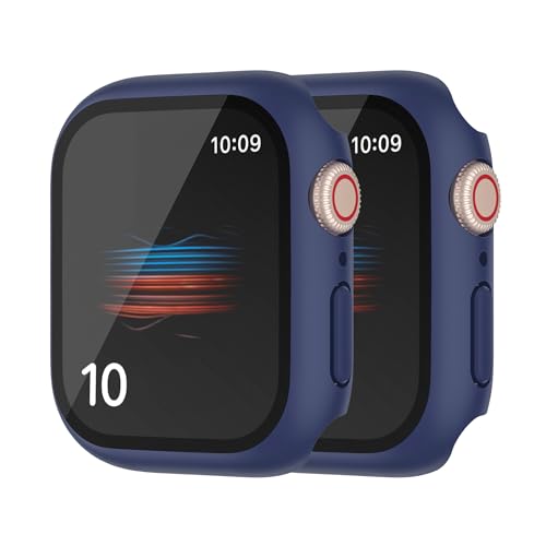 Image of HANKN (2 Pack Hard PC Case with Button for Apple Watch Series 9 8 7 41mm Tempered Glass Screen Protector Case, Full Coverage Ultra-thin Iwatch Bumper Cover (Night Blue, 41mm)