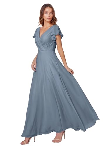 Image of Tvuyet Chiffon Long Party Dress for Women 2025 Formal with Sleeve Ruffle Bridesmaid Dresses for Wedding Dusty Blue 14