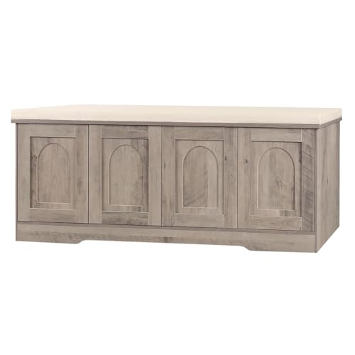 DINZI LVJ Shoe Bench, Entryway Storage Bench with Doors, Cushion, 2-Tier Shoe Rack with 8-Cubby, 47.2”L x 13.8”W Shoe Organizer Cabinet, Adjustable Shelf, Living Room, Bedroom, Greige