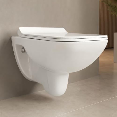Image of KRISS KROSS Pacific Wall Hung Western Toilet | P-Trap Wall Outlet Commode with Soft-Close Seat Cover | Ceramic Wall Mounted EWC for Bathroom | White | 50.5 x 35.8 x 36.6 cm