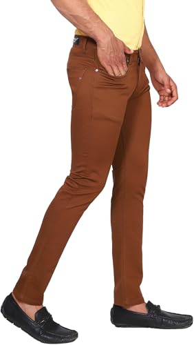 Image of Men's Brown Slim Fit Casual Trousers, Stretch Denim, Men Casual Trousers, Mens Pants, Trousers, Regular Men Trousers, Brown Pants