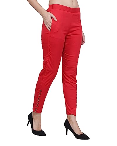 Image of POPWINGS Women Casual Mid Rise Stretchable Red Cotton Trouser