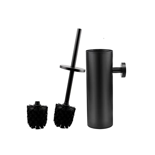 EXLECO Escobillas de Baño Pared, Escobillas WC con Escobilla de Repuesto, Escobilla y Recipiente de Acero INOX Juego de Montaje en Pared y de Pie con Tapa, Mango Largo, Accesorios de baño Negro Mate