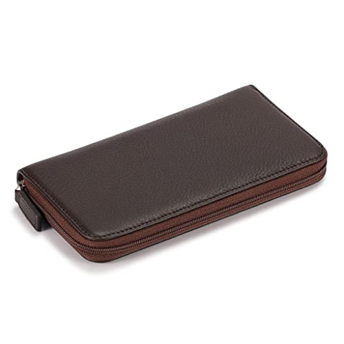 Image of HISCOW Leather Checkbook Cover, Zippered Wallet, Pebbled Coffee | Full grain cowhide, 5cc & ID window, personal check book & register pockets, removable duplicate divider, women secure zipper