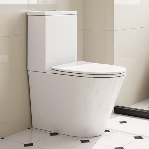 HOROW UK-Standard Rimless Close Coupled Toilet - Premium Glaze Ceramic, Comfort Height, Soft Close Seat, Dual Flush 4.5/6.0L | White 16 Inch for UK Bathrooms,WC