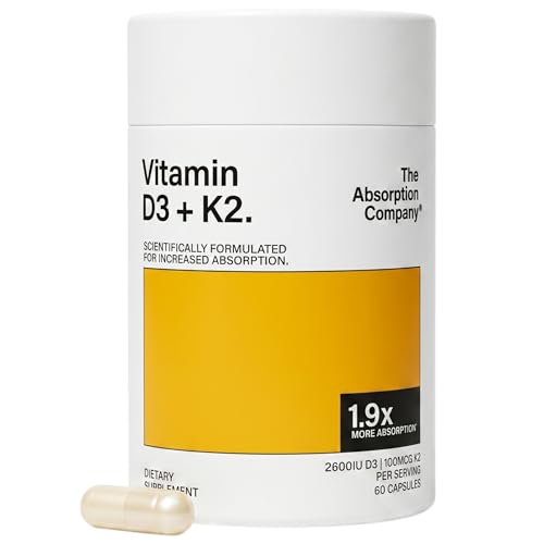 The Absorption Company Vitamin D3 & K2 Capsules (60 Servings) Highly Bioavailable Absorb 1.9X More 5000iu Impact Bone Immune Heart Health Support Muscle Recovery Support Third-Party Tested