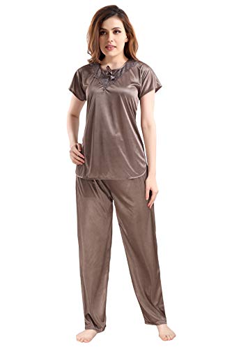Image of Romaisa Women's Light Brown Satin Night Suit Set for Women - Stylish Pajama Set Sleepwear Lounge Wear Comfortable Nightwear