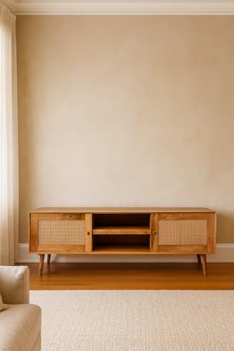 Image of Premium Solid Wood, 10 Minutes Assembly (Legs Only), Aesthetic Rattan Doors, Mid Century Entertainment Center for Living Room, TV Stand for 65 inch TV, Dark Chocolate (Natural Colour)