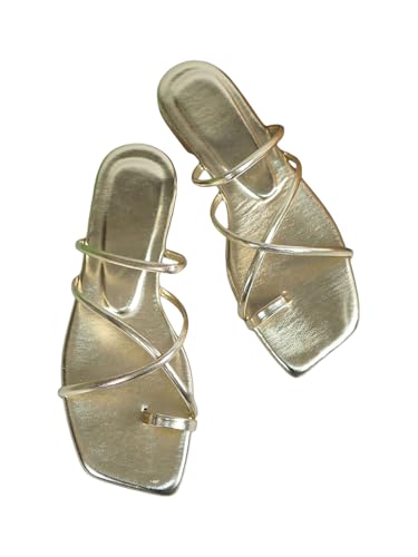 Image of GORGLITTER Women's Metallic Strappy Sparkly Square Toe Cute Dressy Sandals | Sandals Women Comfortable, Dressy Sandals, Slip on Slides, Rose Gold Slipper, Summer Slides