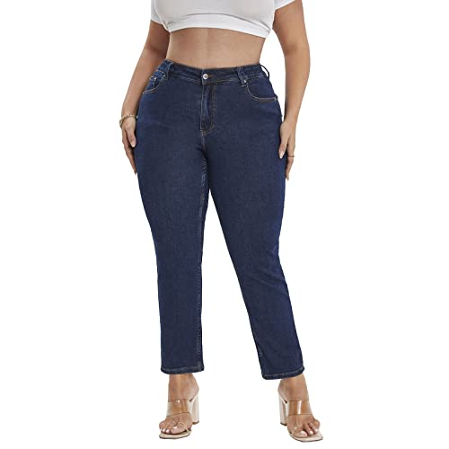 Plus Size Straight Jeans for Women Bule Slim Stretchy Fitting High Waist Women Jeans Curvy Jeans Pants