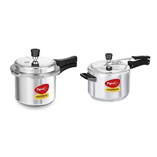 Pigeon by Stovekraft Favourite Induction Base Aluminium Pressure Cooker with Outer Lid, 3 litres (Si & Favourite Aluminium Pressure Cooker with Inner Lid, 5 litres, Silver Combo