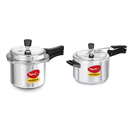 Image of Favourite Outer Lid Non Induction Aluminium Pressure Cooker, 3 litres, Silver + Pigeon by Stovekraft Favourite Aluminium Pressure Cooker with Inner Lid, 5 litres, Silver