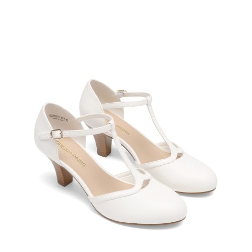 DREAM PAIRS Women's T-Strap Block Dress Heels Pumps,Beige/White,10 - image 5