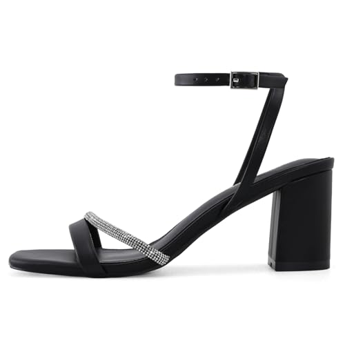 Rhinestone Strappy Heels for Women Square Toe Chunky Block Heels Ankle Buckle Heeled Sandals2