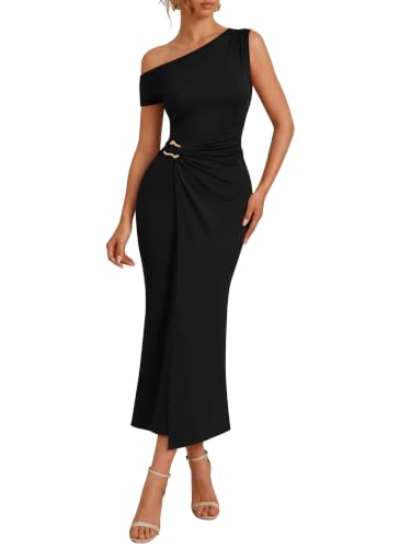 Simplee Womens Summer One Shoulder Maxi Dress 2026 Wedding Guest Elegant Formal Ruched Cocktail Party Long Dresses Black