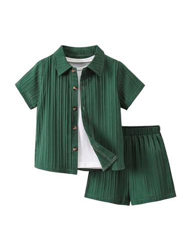 Image of SweatyRocks Boy's 2 Piece Summer Vacation Outfits Short Sleeve Collar Button Down Shirt and Shorts Clothing Set