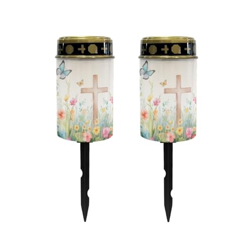 Image of Poceacles Cross Solar Powered Cemetery Solar Candle, Memorial Floral Cross Butterfly, 2 Pack Waterproof Landscape Lights for Yard, Patio, Lawn, Home Decor