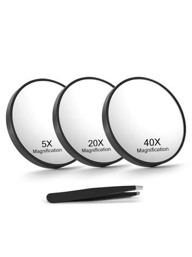 Macaki 5X/20X/40X Magnifying Mirror with Suction Cups and Tweezers Set 3.5 inches Travel Magnified Makeup Mirror Black 3PCS