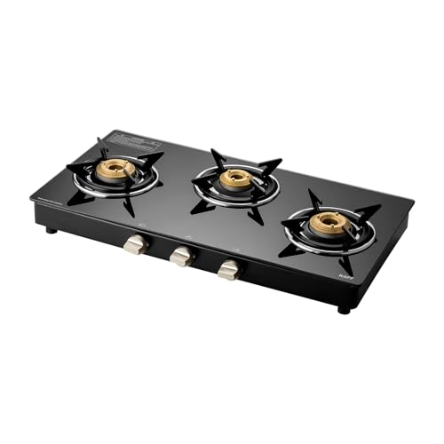 Image of KAFF CTC 77 3B Gas Stove /Cooktop 3 Burners with Manual Ignition 77 CM, High Efficiency Brass Burners, Black Tempered Glass, Enamelled Pan Support (Black)