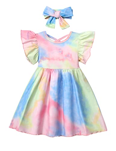 Adifun Toddler Girl Dress 5T-6T Girl Dress Summer Colorful Tie Dye Ruffle Sleeve Dresses For Girls Casual Headband 2Pc Toddler Girl Clothes… #TOP20