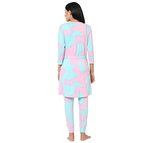 Image of Sweet Dreams Women Tie & Dye Lapel Collar 3 /4th Sleeve Poly Brush Robe, Slip & Pyjamas