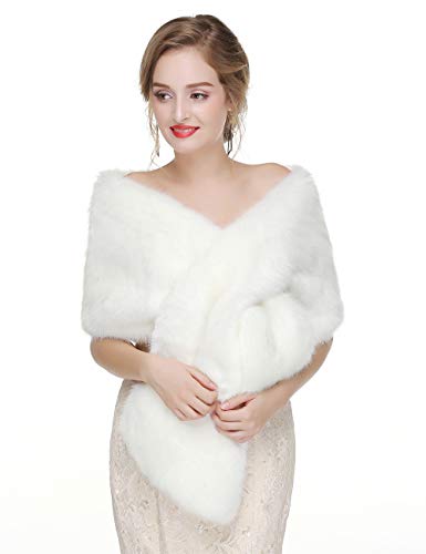 Teyglen Bridal Faux Fur Wrap Wedding Winter Fur Wrap Shawls with Brooch Long Fur Stole Collar Scarf for Women Evening Party