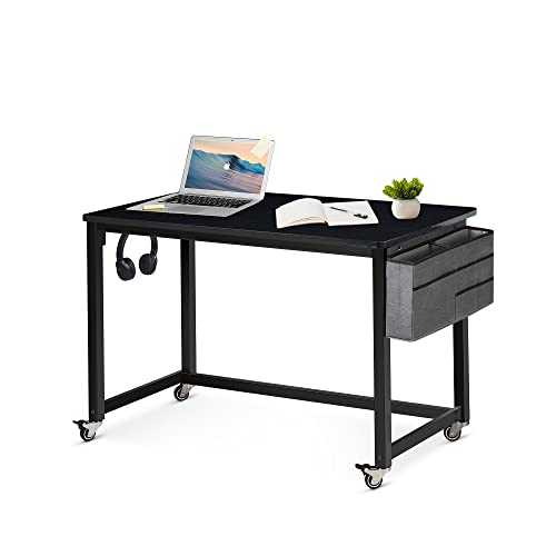 AHB 39' Rolling Computer Desk with 4 Smooth Wheels, Simple Style Mobile Writing Desk Home Office Study Table Movable Workstation with Metal Frame