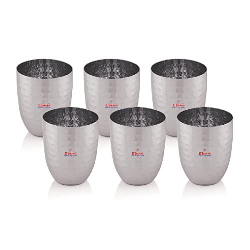 Image of Ebun Stainless Steel Hand Hammered Design Heavy Gauge Drinking Glass | Tumbler with Hammered Beaded Design, for Drinking Serving Water Set 6 Pieces 300 Ml