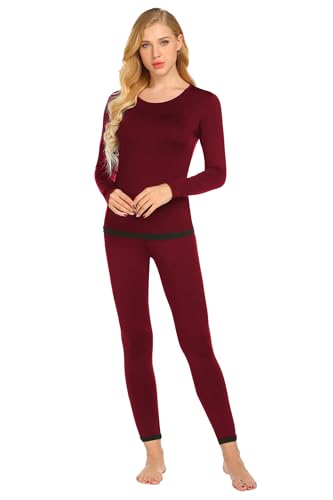 Ekouaer Women's Thermal Pajama Set Lightweight Thermal Underwear 2-Piece Set S-2XL Wine Red