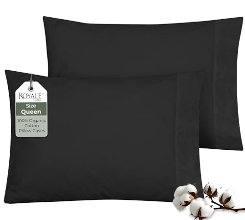 Image of ROYALE LINENS 100% Organic Cotton Percale Pillowcases Set of 2 - Queen Size Percale Pillowcase - Queen Set of 2 Pillow Cover - Breathable, Cool & Crisp Black Pillow Cases (20 inchx30 inch, Black)