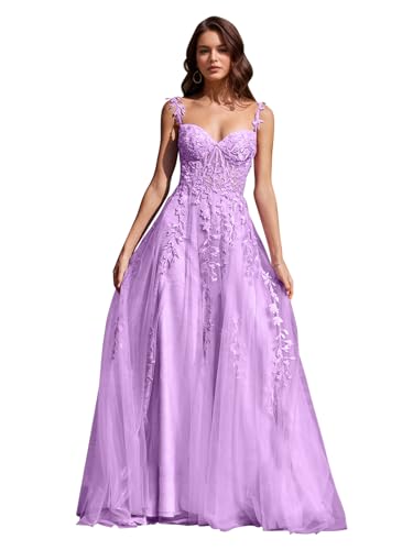Image of Long Tulle Prom Dresses 2025 V Neck Floral Long Ball Gowns for Women Lace Applique Formal Evening Gowns ACE159