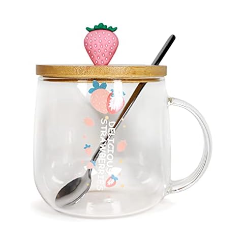 GinkgoHome Cute Strawberry Mug Glass Mug with Spoon and Wood Lid Cute Design Fine Clear Glass Cups Perfect For Coffee, Tea and Beverage (Strawberry-2) Cover
