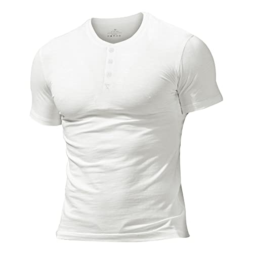 Men's Slub Henleys T-Shirt Short Sleeve Lightweight Relaxed Fit Casual with 3 Buttons Placket Round Neck Shirts Color White Size S