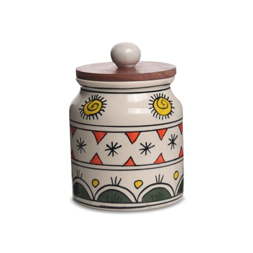 Image of Ceramic Jar & Container for Kitchen Storage Set | Multi Utility Air Tight Kitchen Organizer Items | Tea Coffee Sugar Container with Wooden Lid (Hand-Painted, 450 ML, Pack of 1)
