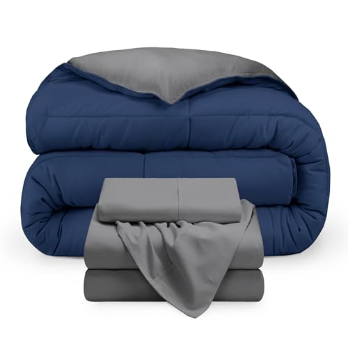Bare Home Reversible Bed-in-A-Bag Comforter & Sheet Set - Twin Extra Long - Down Alternative - Soft - Bedding Set (Twin XL, Dark Blue/Grey, Grey)