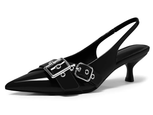 Coutgo Womens Slingback Kitten Heels Closed Pointed Toe Pumps Studded Buckle Strap Party Dress Shoes3