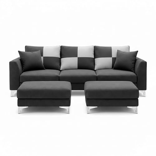 Image of Romeo 5 Seater L Shape Sofa Set with 2 Movable Ottomans | Flexible Layout | Rich Velvet Suede Fabric | Silver Legs | Modern Sofa for Living Room (Dark Grey)