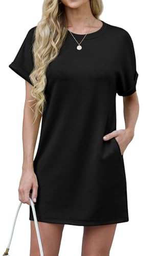 GRECERELLE Women 2025 Short Sleeve Summer Casual Tee Shirt Dress Crew Neck Mini Sundress with Pockets Black, XX-Large