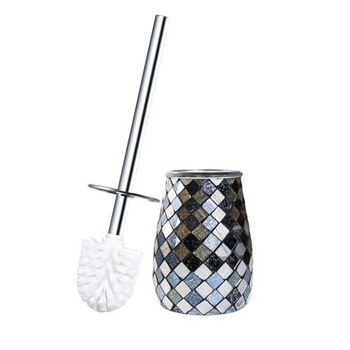 Escenzy Modern Toilet Brush and Holder Set Mosaic Glass | Non-Rustic Stainless Steel | Practical & Decorative Toilet Bowl Brush and Holder | Luxury Black and Gold Bathroom Accessories