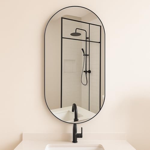 Espelho Cápsula Decoração Premium Do Tamanho Compacto ao Corpo Inteiro Design Moderno com Máxima Amplitude para Banheiro Quarto Sala Hall Camarim (Preto, 60x40)