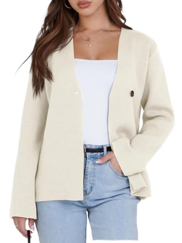 Saodimallsu Damen Strickjacke Langarm V-Ausschnitt Cardigan für Business Freizeit Gestrickt EIN Knopf Blazer,Weiß,M