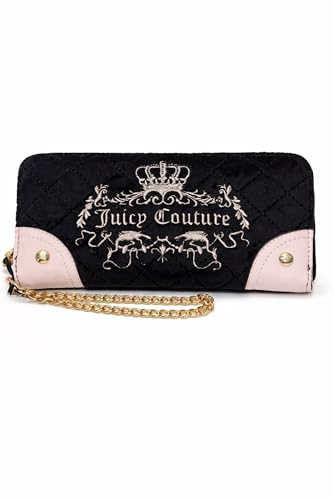 Juicy Couture Quilted Velour Zip Around Wallet Crown Embroidery Gold Chain Wristlet 8.5 x 4 Inches (Black and Blush Pink)